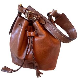Dooney & Bourke Flourentine Leather Shoulder Bucket Bag. Drawstring Cognac Brown